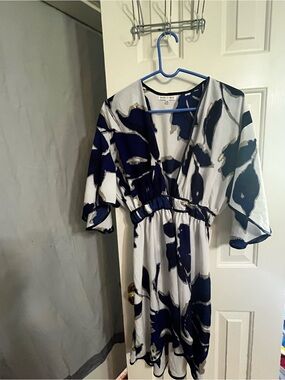 Woven Heart White & Navy Abstract Floral Midi Dress